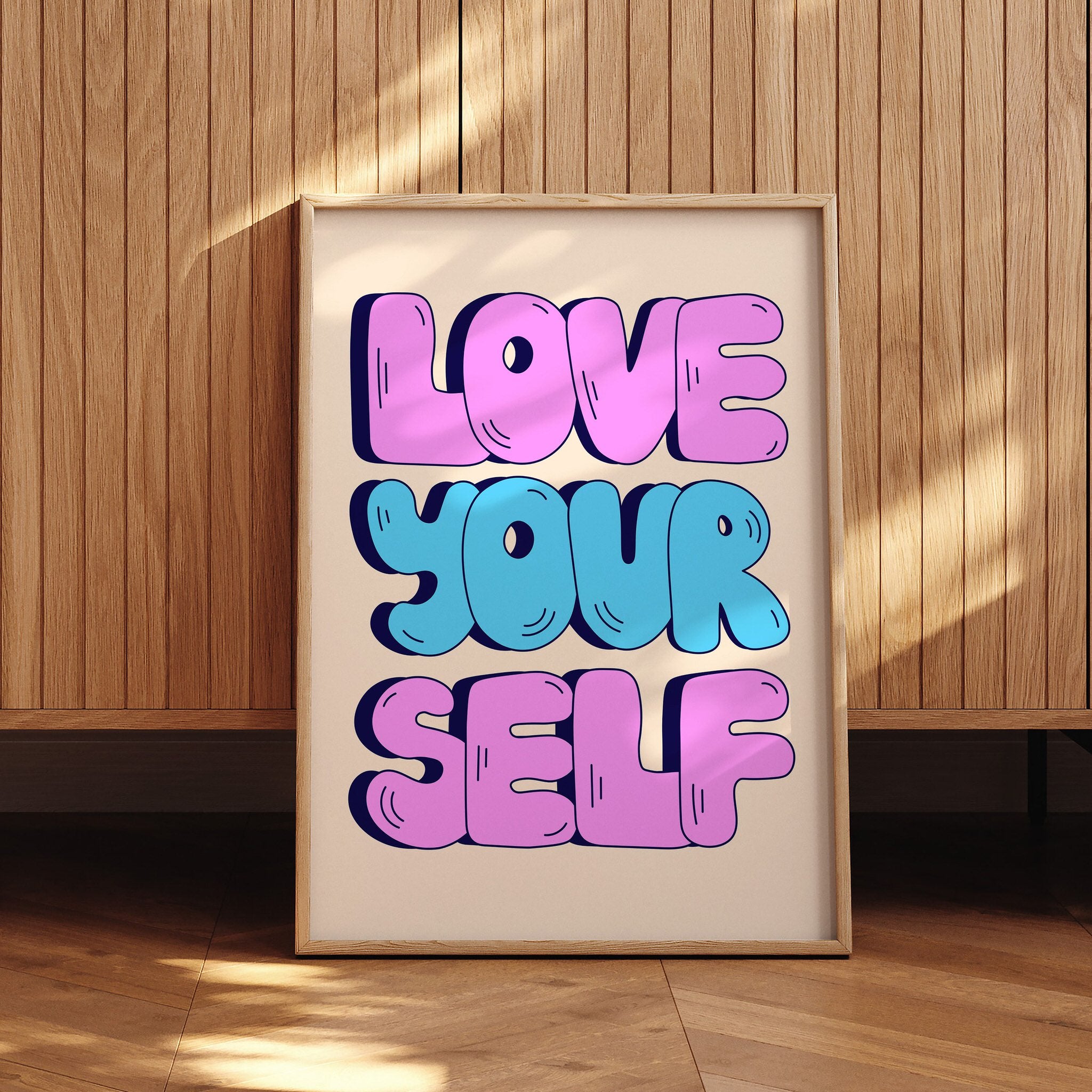 Modern wall art poster featuring Love Yourself text in a red heart