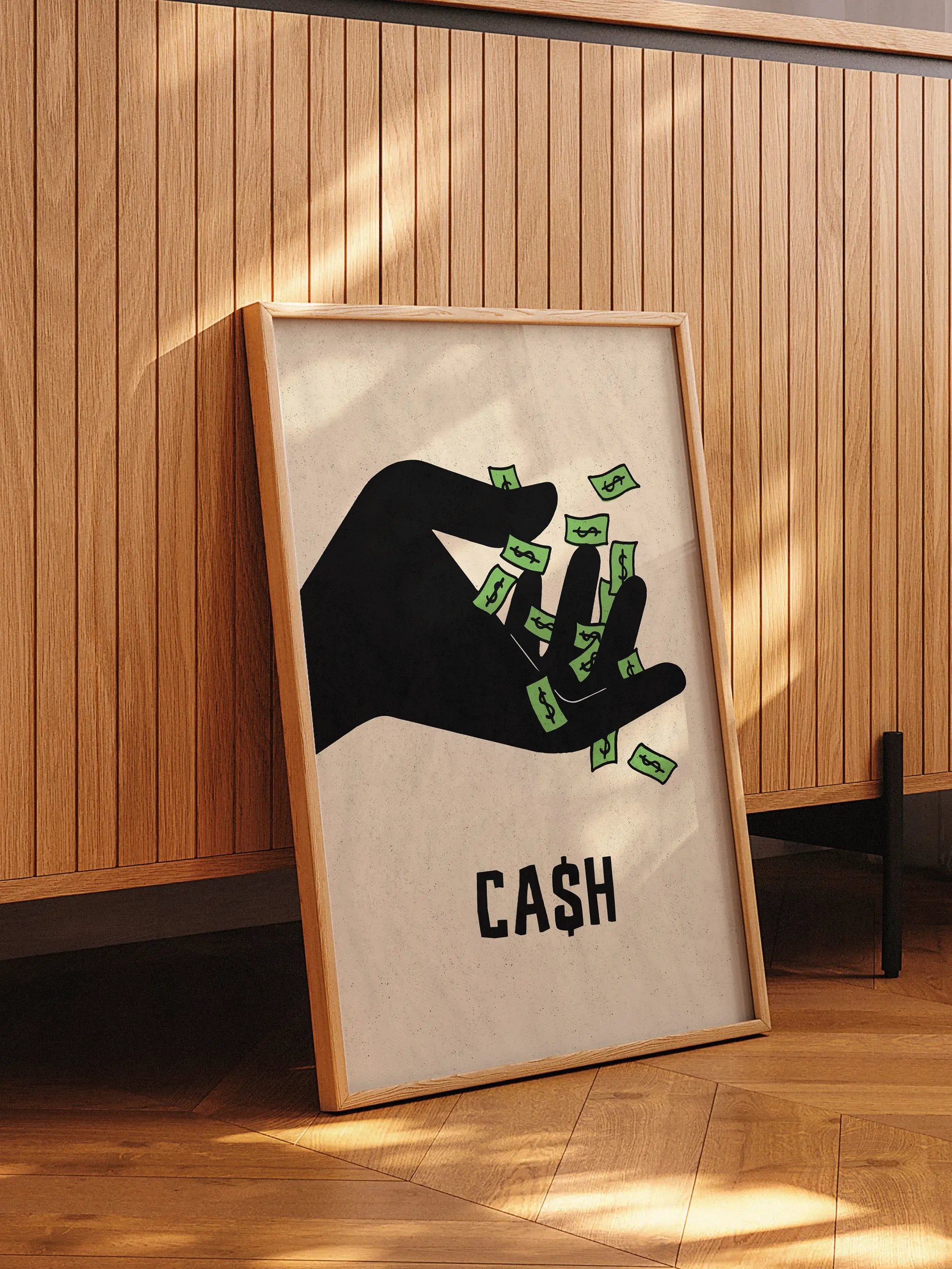 Minimalist money-themed artwork featuring a bold black hand and floating cash.