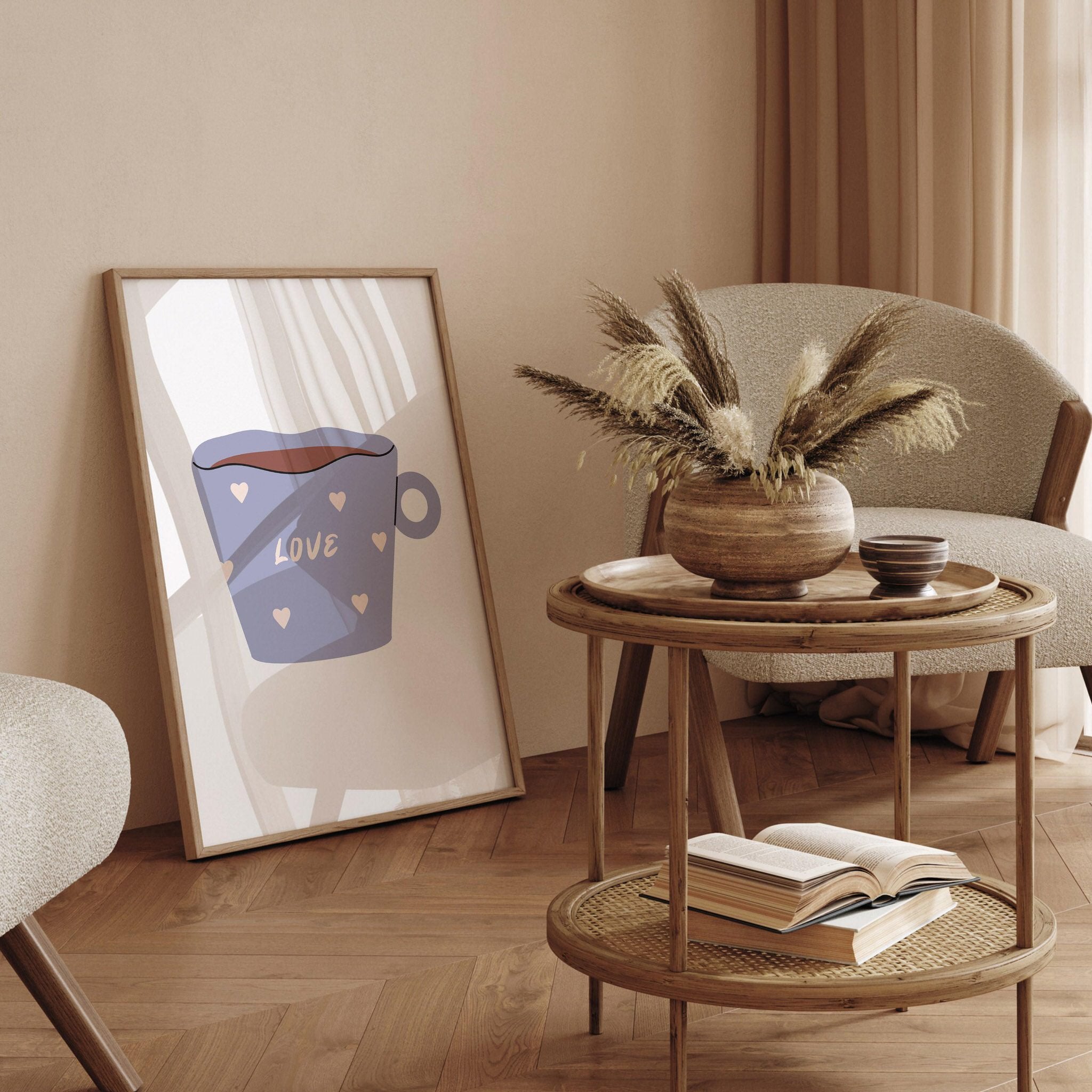 Inspirational coffee cup art print with love and heart designs for cozy kitchen decor.