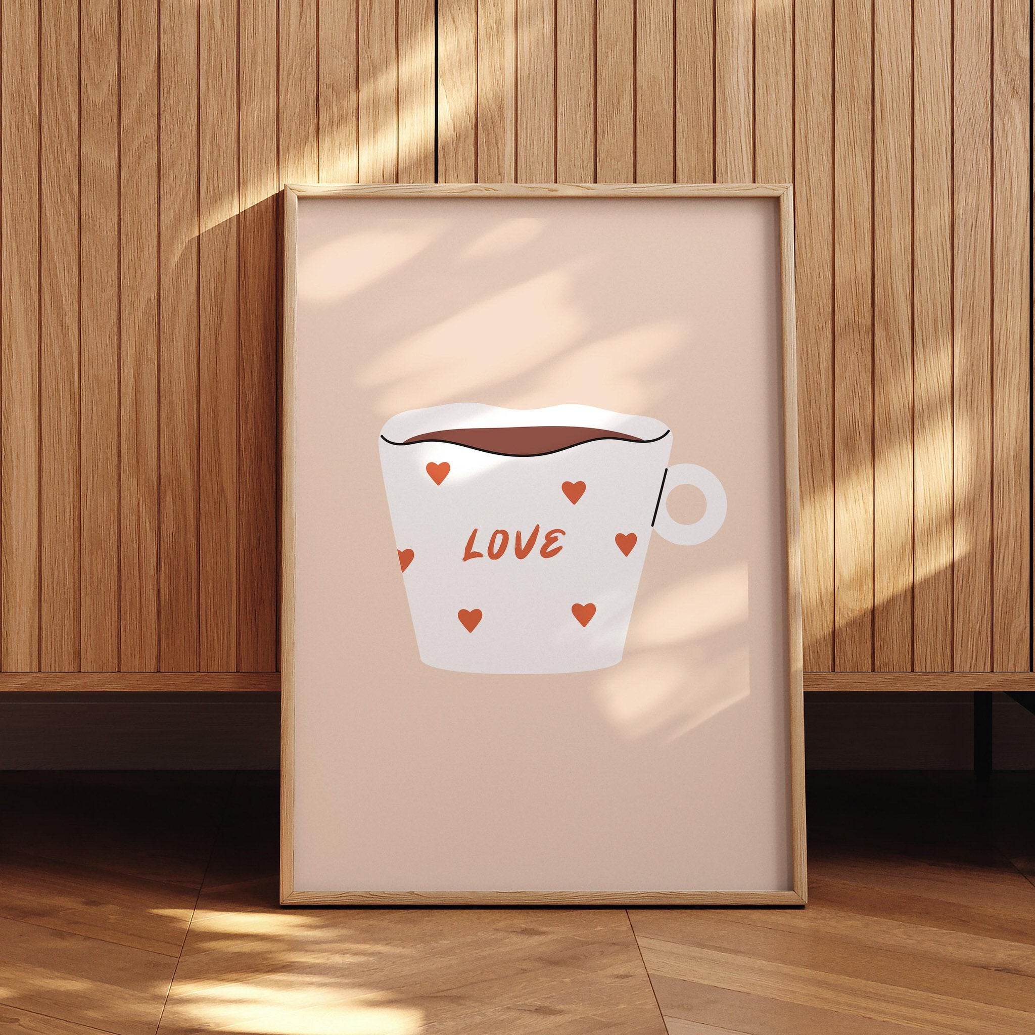 Cute white coffee cup poster for kitchen decor with a love and heart theme.