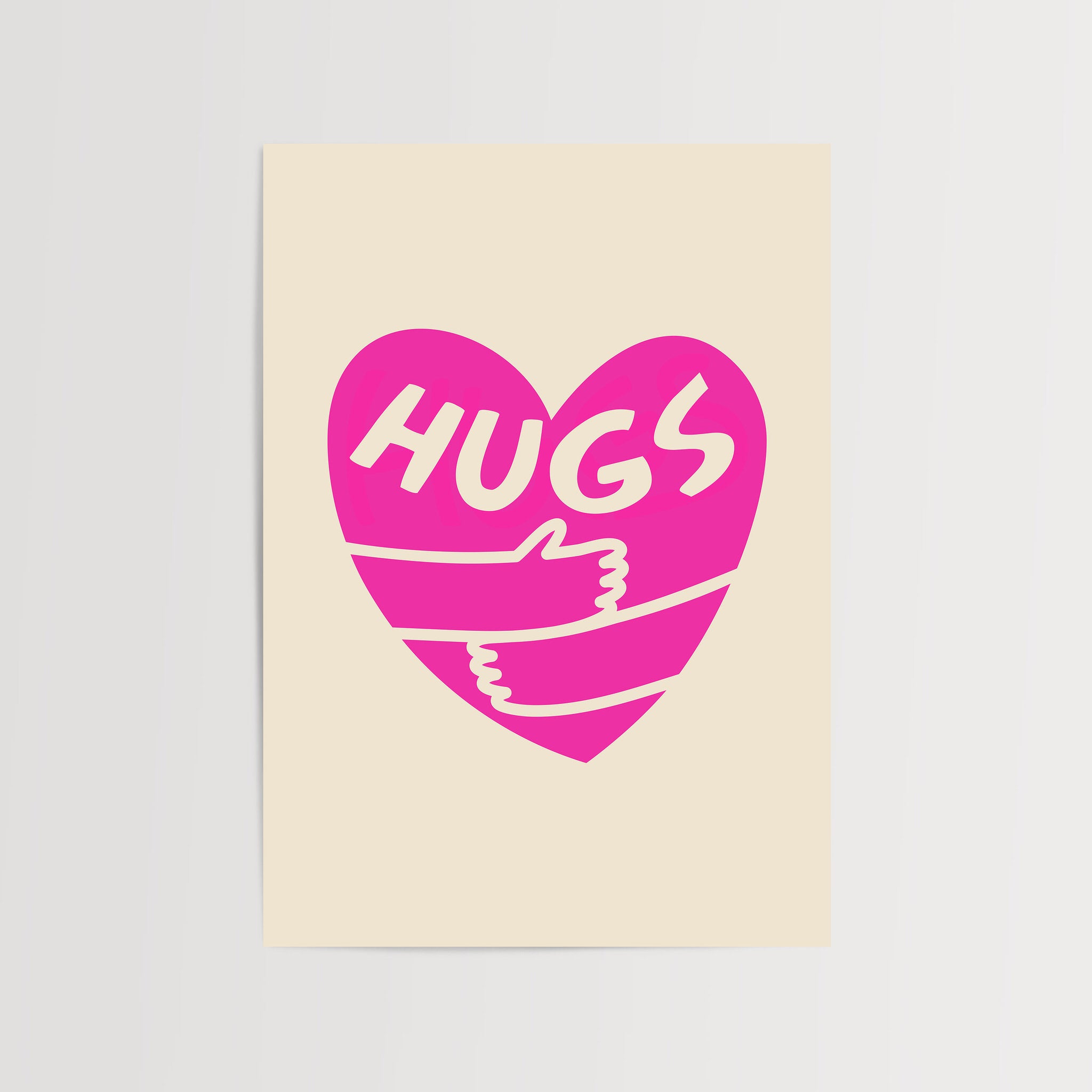 Bold pink heart with 'Hugs' text and hugging arms on beige background