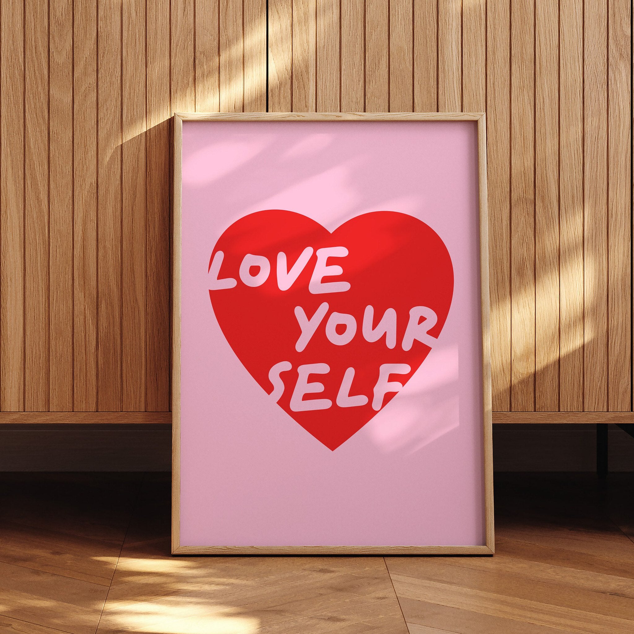Inspirational heart poster with "Love Yourself" message for modern decor.